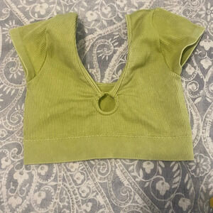 Seamless Aerie Ribbed V-Neck Cropped T-shirt Bright Lime Small Gold Ring Accent